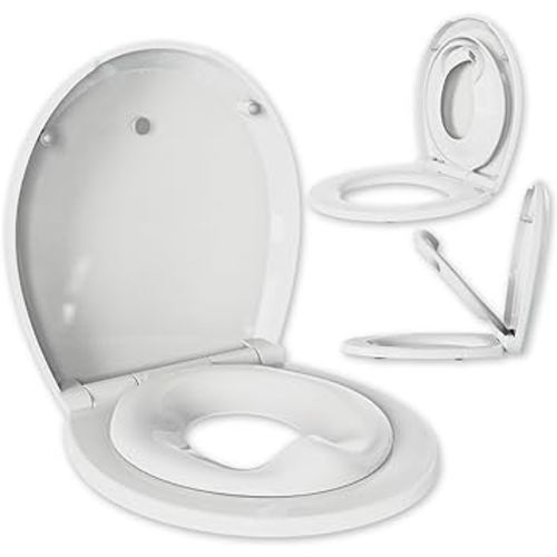 Quick Flip Toilet Seat with Built-In Potty & Splash Guard for Toddler Training, Slow Close (Round, White) - Jool Baby