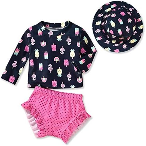 HINTINA Newborn Baby Girl Long Sleeve Swimsuit Bathing Suit with Hat