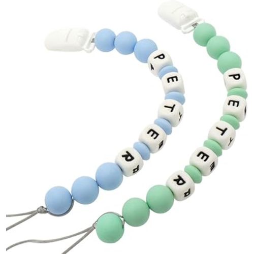 Personalized Pacifier Clip with Name, Customizable Pacifier Clip (2 Pack) (Baby Blue + Mint Green)