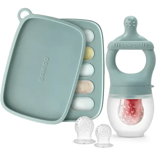 SAMiGO Baby Food Fruit Feeder and Breastmilk Popsicle Mold Set, Silicone Fruit Teether, Food Feeder Pacifier for Teething Relief, Freezer Tray, Baby Feeding Essentials, 4 Months+