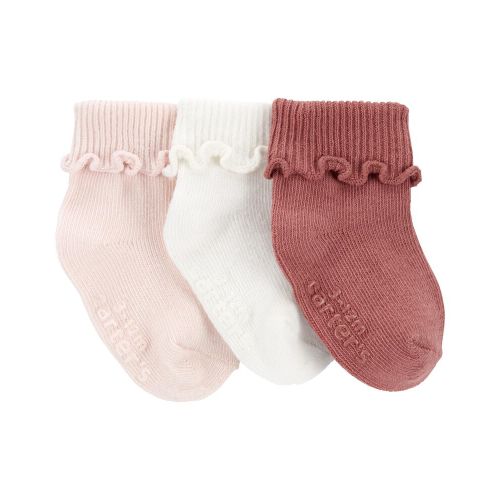 Baby 3-Pack Roll Cuff Booties - 0-3M - White/Pink