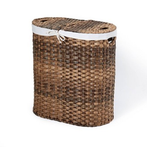 Seville Classics Hand-Woven Oval Double Laundry Hamper with Liner Natural Brown: Wicker Clothes Hamper with Lid, Portable