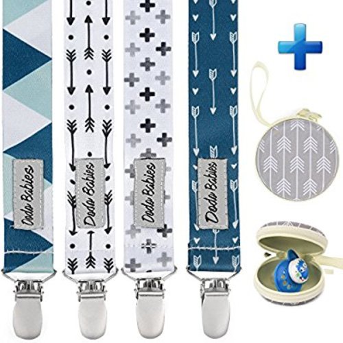 Pacifier Clip by Dodo Babies Pack of 4 + Pacifier Case, Premium Quality Modern Designs Universal Holder Leash for Boys and Girls, Teething Toy or Soothie, Baby Shower Gift Set