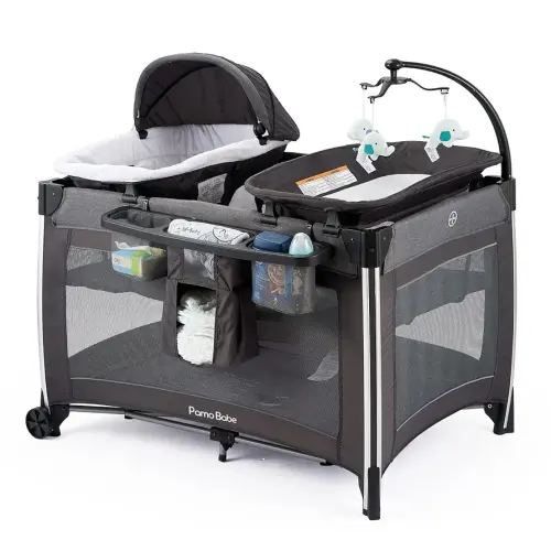 Pamo Babe 4 in 1 Portable Baby Crib Deluxe Nursery Center, Foldable Travel Playard with Bassinet, Mattress, Changing Table for Newborn, Infant, Toddler(Grey)