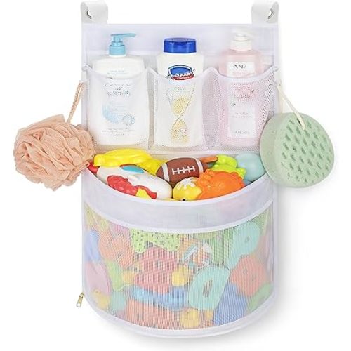 Baby Bath Toy Organizer, quick drying, and mould proof, Multiple-Suspension Bath Toy Holder, Large Capacity Multi Use Bathtub Toy Storage Bag(1 Large, White)