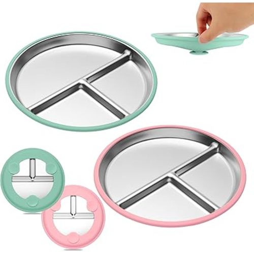 Stainless Steel Toddler Plate, Baby Suction Plates, 2 Pcs 9" Stainless Steel Kids Plates, Non Toxic & BPA Free Non Slip, Dishwasher & Microwave Safe(Green & PinK)