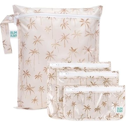 Bumkins Waterproof Wet Bag and Packing Pouches, TSA Airline Compliant, Pack for Baby, Travel, Swim Suit, Cloth Diapers, Pump Parts, Pool, Gym Clothes, Toiletry, Daycare, Zip Bag, 4-pc Set Palm Trees
