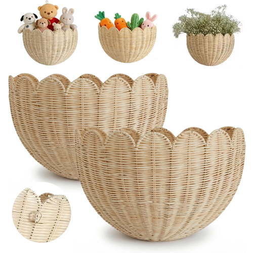 Scalloped Wall Basket, Handwoven Rattan Storage Organizer with Sturdy Metal Frame, Bohemian Style Wicker Decor for Entryway, Kitchen, Office, Living Room (2pcs, 14 × 8 × 6)