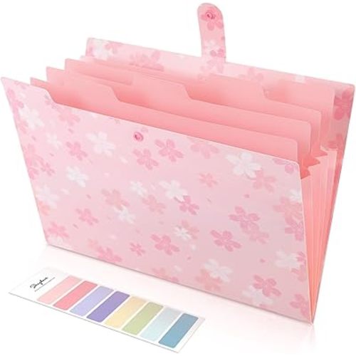 SKYDUE Pink Expanding File Folder with 5 Pockets, Cute Accordion File Organizer, Portable Receipt Paper Documents Organizer, Letter Size Filing Folder School Office Supplies