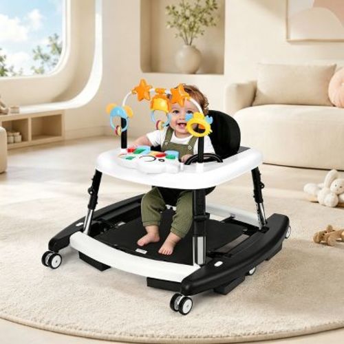 Kmaier 5-in-1 Foldable Baby Walker with Wheels, Music and Lights, 5 Adjustable Heights,Black