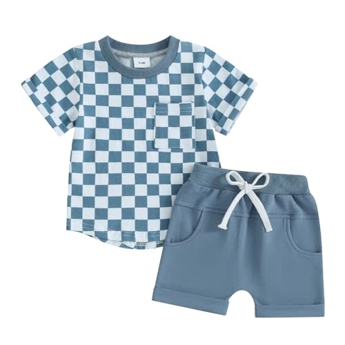 Toddler Baby Boy Girl Summer Clothes Checkerboard Print Short Sleeve T-Shirt Tee Tops Rolled Shorts Infant Outfits