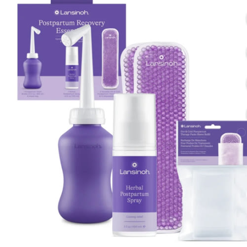 Lansinoh Bounce Back Postpartum Bundle, 16-Piece Gift Set with Peri Bottle, Herbal Perineal Spray, Reusable Perineal Ice Packs and Sleeves, Postpartum Essentials for New Moms