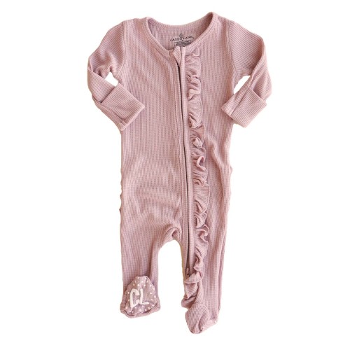 Vintage Rose Waffle Bamboo Zipper Ruffle Footie*
