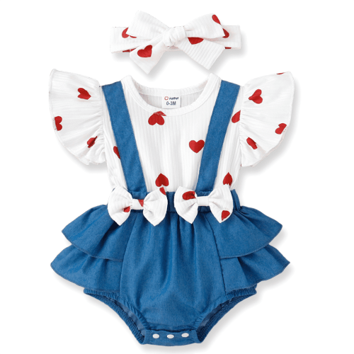 PatPat Baby Girl Clothes One-piece Heart Print Bodysuit with Headband Denim Suspender Style Ruffle Romper Outfit 9-12 Months