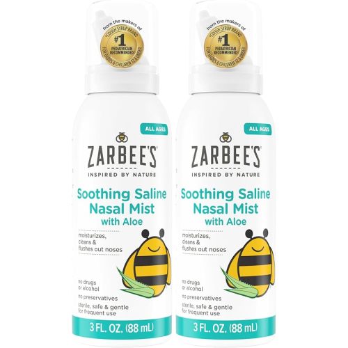 Zarbee's Baby Nasal Saline Spray, Soothing Sterile Mist with Aloe, Newborns & Up, Cleansing Nose Relief, 3Fl Oz (Pack of 2)