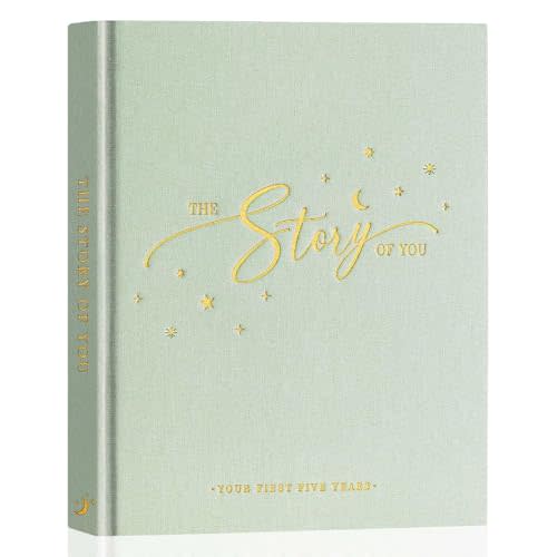 Lanpn Baby Memory Book - Linen Baby Book Journal Memories Keepsake - The Story of You - Newborn Baby First 5 Year Scrapbook Photo Book Milestone Album for Boy Girl New Parents (Sage Green, 154 Pages)
