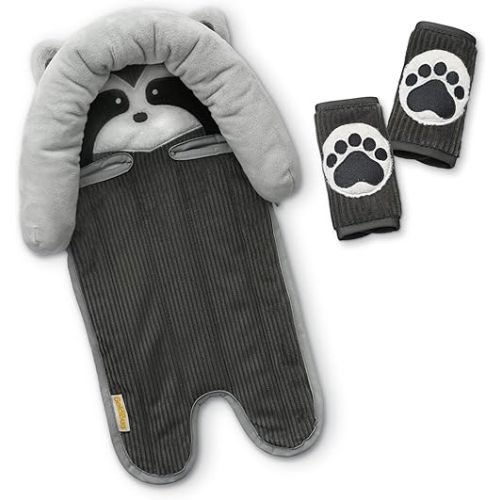 GoldBug Deluxe Critter Head Support + Matching Strap Covers for Baby and Infant Car Seats - Raccoon