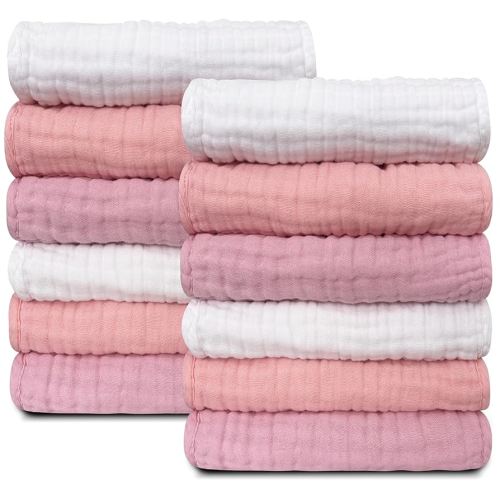 Sunny zzzZZ Baby Muslin Washcloths -100% Cotton Muslin Soft Baby Bath Wash Cloths and Absorbent Burp Cloths for Newborns Kids Girls and Boys -12 Pack, 12x12 Inches - White+Light Sakura Series