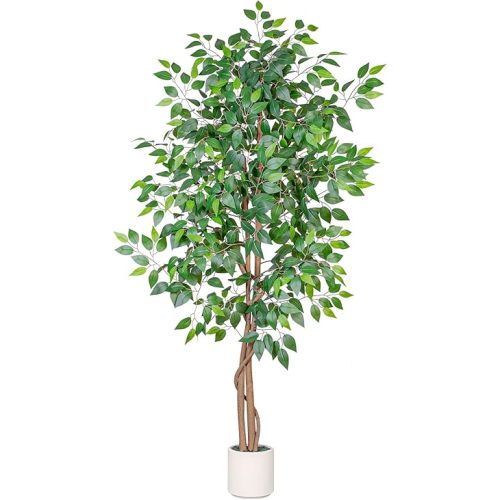 6FT Artificial Ficus Tree with White Planter, Realistic Faux Silk Indoor Outdoor Plant for Home Office Living Room, Porch, Garden Decor