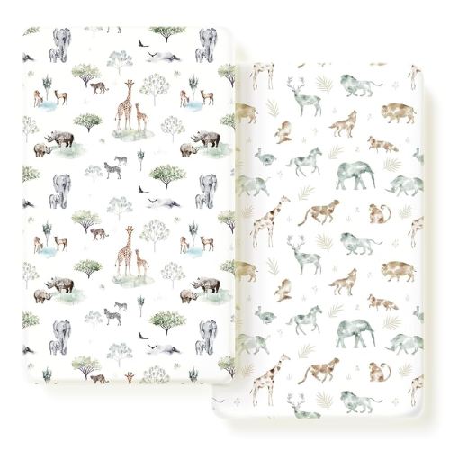 Stretch Ultra Soft Jersey Knit Fitted Crib Sheets Set 2 Pack，Fit All Standard Crib Mattress Pads Safe and Snug, Crib Fitted Sheet for Baby, Stylish African Savannah Animals Pattern