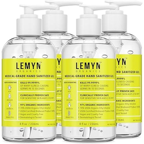Medical Grade Hand Sanitizer Gel - 97% ORGANIC - 8 FL.OZ. with PUMP (PACK OF 4)