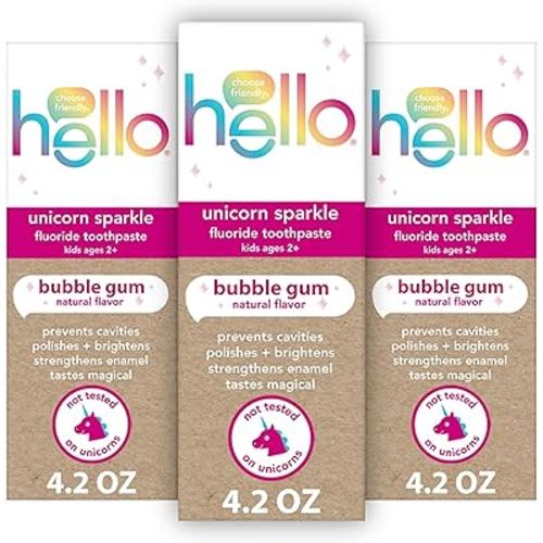 hello Unicorn Sparkle Kids Fluoride Toothpaste, Natural Bubble Gum Flavor, ADA Approved, Ages 2+, No Artificial Sweeteners, No SLS, Gluten Free, Vegan, Pack of 3, 4.2 oz Tubes