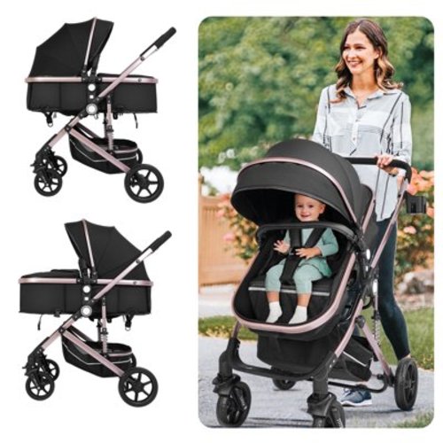 Vipuse Baby Stroller, 3 in 1 Foldable Standard Stroller with Adjustable Backrest and Awning, Lightweight Stroller for Newborn,Black