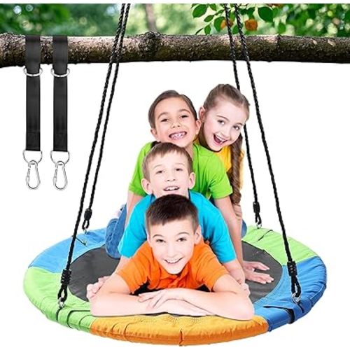 Tree Saucer Swing, 40" Round Swings for Kids Outdoor, Heavy Duty Disc Circle Swing with Hanging Straps, Durable Rope, Frame for Backyard Swingset, 750 lb Capacity, Child Gift, Multi-Colored