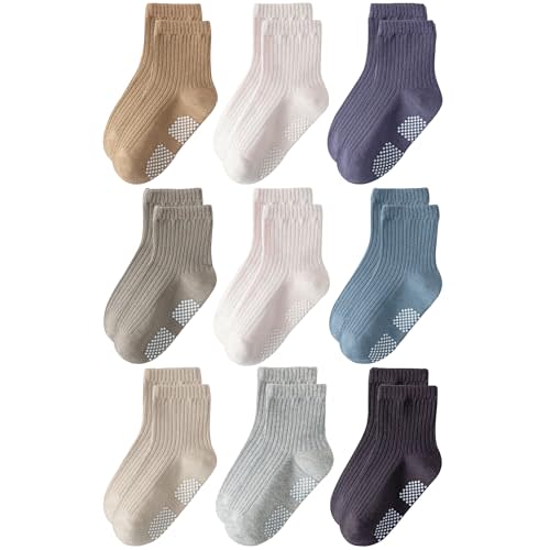 EUFANCE Toddler Grip Socks Non Slip Crew Cute Seamless Cotton Socks for Baby Boys Girls Infants Kids 9 Pairs