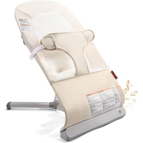 Baby Bouncer – Baby Bouncer seat, Infants Bouncy Seat with Music, Compact & Foldable, Machine Washable Seat Pad, Ideal for Newborns 0-9 Months, Max Weight 19.8lbs (Beige)