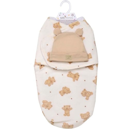 Ultra Soft 2 Ply Plush Swaddle Blanket with Novelty Hat for Baby, 2 Piece Set, Tan Teddy Bear Print, 0-3M