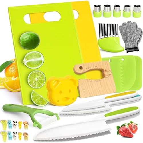 28PCS Toddler Knife Set - Kids Knifes for Real Cooking, Wooden Kids Kitchen Knife Set with Gloves Cutting Board Fruit Vegetable Crinkle Cutters Plastic Kid Safe Knives, Toddlers Kitchen Tools - Crocodile 28pcs Set