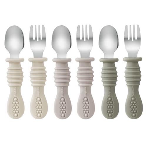 PandaEar 6 Pack Toddler Fork and Spoon Utensil Set, Baby Silicone Stainless Steel Silverware Spoon Fork for Babies Kids, BPA Free (Walnut&Linen&Brown)
