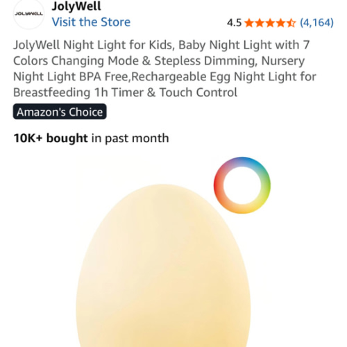 JolyWell Night Light for Kids, Baby Night Light with 7 Colors Changing Mode & Stepless Dimming, Nursery Night Light BPA Free,Rechargeable Egg Night Light for Breastfeeding 1h Timer & Touch Control