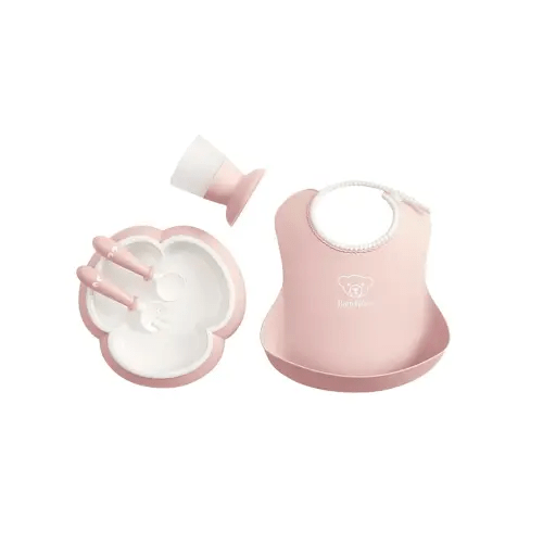BabyBjörn Baby Dinner Set, 5 pcs, Powder pink Includes Baby Plate, Baby Fork, Baby Spoon, and Baby Cup Dishwasher Safe Toddler feeding set for self-feeding or baby-led weaning