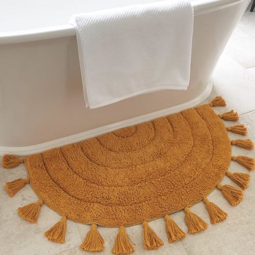 Beautiful Boho Rug with Tassels for Your Bathroom - Soft Half Circle 100% Cotton Mat Fits Perfectly Into Your Home - A Cute, Non-Slip and Absorbent Crochet Rug Ideal to Enhance Any Bath/Bedroom Decor - Mustard