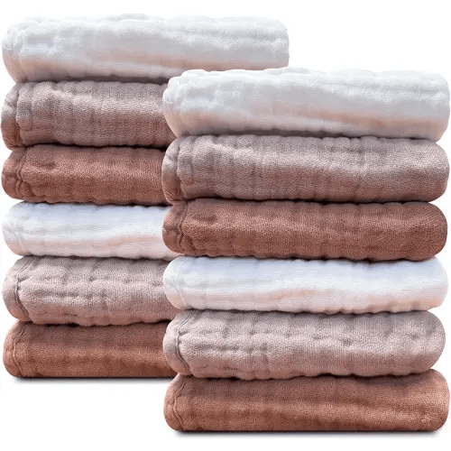 Sunny zzzZZ Baby Muslin Washcloths -100% Cotton Muslin Soft Baby Bath Wash Cloths and Absorbent Burp Cloths for Newborns Kids Girls and Boys -12 Pack, 12x12 Inches - White+Light Bean Paste Series