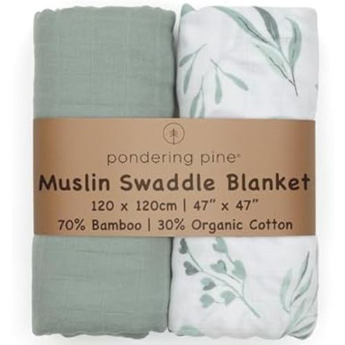 Organic Baby Muslin Swaddle Blankets for Boy or Girl - Eucalyptus Leaves and Sage Swaddling Blanket 2 Pack - Soft Muslin, XLarge and Breathable, Boho Baby, 47" X 47"