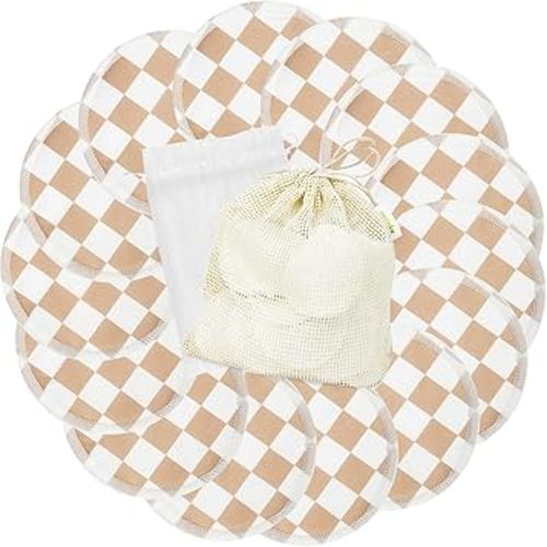 wegreeco Nursing Breast Pads (14 Pack) + Laundry Bag & Travel Storage Bag, 4.7 inch Option - Washable & Reusable Breastfeeding Nursing Pads (Light Coffee Checkerboard, Large, Plain Shape)