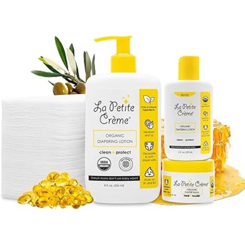 All-Natural French Baby Essentials: Includes Organic Diapering Lotion (8 oz), Travel-size Liniment Baby Lotion (2 oz), 1 Travel-size Diaper Balm (1 oz), 50 Disposable Cotton Pads