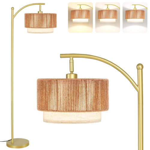 SUNMORY Rattan Floor Lamps, Boho Standing Lamps with Rattan & Linen Double Shades, Arc Lamp Floor with 12W Bulb, Foot Switch, Bohemian Floor Lamps for for Living Room, Bedroom, Study Room