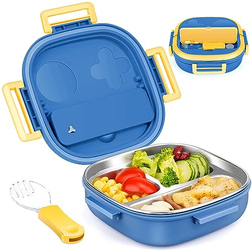 PEDECO Stainless Steel Toddler Bento Box - 3-Compartment Lunch for Kids Ages 1-3 | Leakproof Lock & Portable Utensil Set | BPA-Free,Dishwasher Safe | Daycare,Preschool,Travel (Blue)