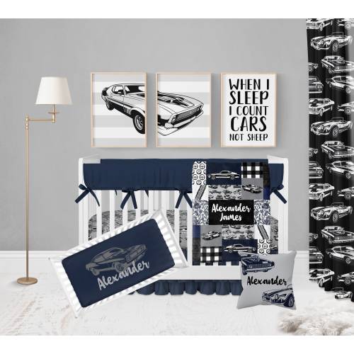 Car Crib Bedding Set, Baby Boy Crib Bedding, Crib Sheets Boy, Car Nursery Bedding, Classic Cars Nursery Theme, Muscle Car, Blue, Black, Gray