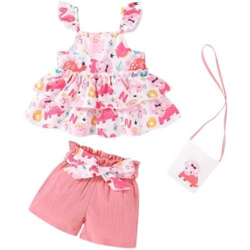 YOUNGER TREE Toddler Baby Girl Clothes Ruffle Sleeveless Strap Dress Tank Shorts Set Summer Outfits With Bag