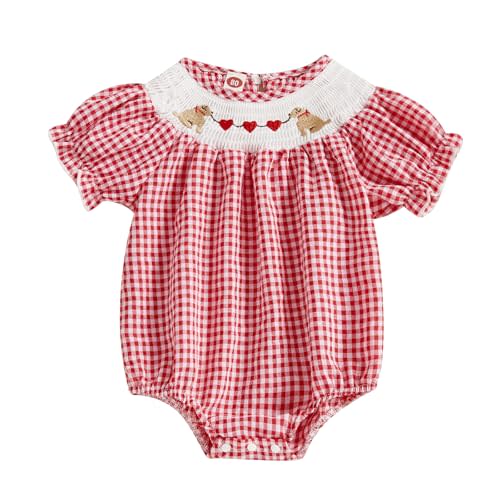 FIOMVA Toddler Baby Girl Clothes Summer Smocked Bubble Romper Embroidery Onesie Short Sleeve Bodysuit Cute Outfits