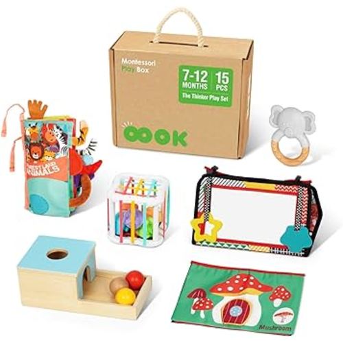 Montessori Toys for Babies 6-12 Months, 7 in 1 Learning Educational Kit with Tum My Mirror Toy, Object Permanence Box, Soft Cloth Baby Book, Sensory Sorter Toy and Natural Teether.