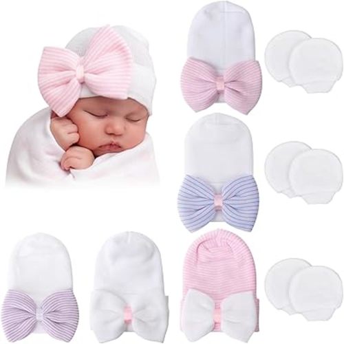 BQUBO Newborn Baby Caps Mittens for Baby Girls Baby Hats Scratch Mitten Gloves Set Soft Hospital Hat Infant Hats with Bow