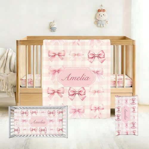 Personalized Baby Girl Crib Bedding Set with Name – Pink Bow 3 Piece Nursery Bedding with Flannel Blanket, Fitted Crib Sheet and Changing Pad Cover