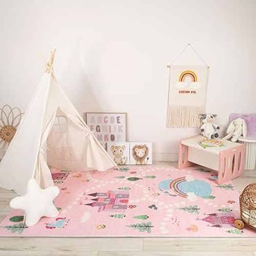 Soft Steps Playtime 5' x 8' (Exact Size: 5'3" x 7'7") Non-Toxic, Child and Pet Safe, Unicorns, Castle, Road Map - Soft Area Rug, Pink White - Boys & Girls in Playroom, Nursery, Bedroom