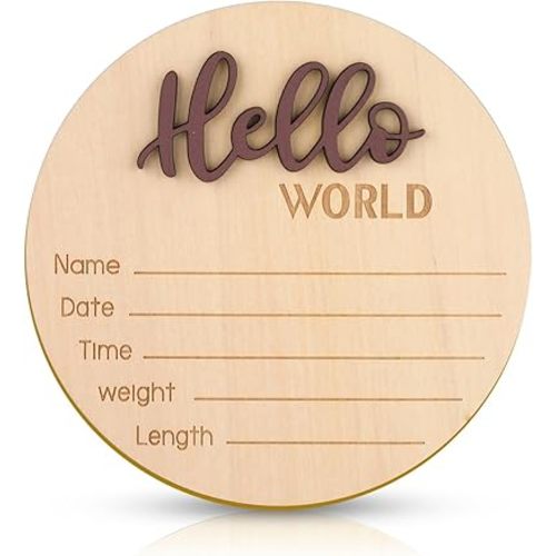 Baby Announcement Sign, 5.9 Inch Wooden Hello World Newborn Welcome Sign Birth Baby Name Plaques for Photo Props Baby Shower Hospital Nursery(Brown)